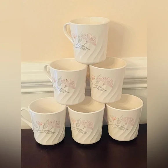 6 Pristine Vintage Corningware Pink Flower Floral Coffee Or Tea Cups - Picture 1 of 7